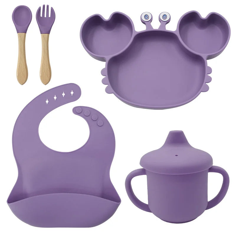 5-Piece Set With Wooden Spoon and Fork Purple Crab Shaped Silicone Bib and Infant Dinner Set