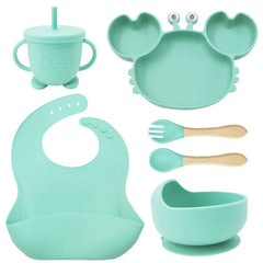 6-Piece cyan Crab-Shaped silicone bibs and Children's Feeding set