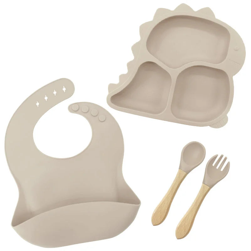 4 piece Beige Dino Silicone Feeding Set