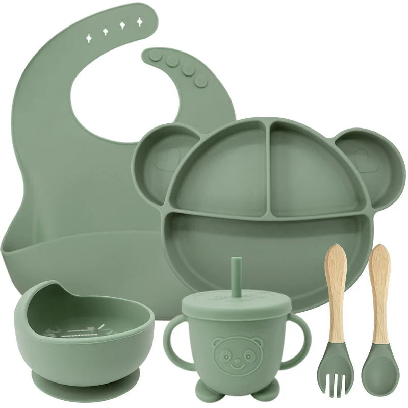 6-Piece Set Green Mickey Mouse Silicone Bibs and Feeding Set