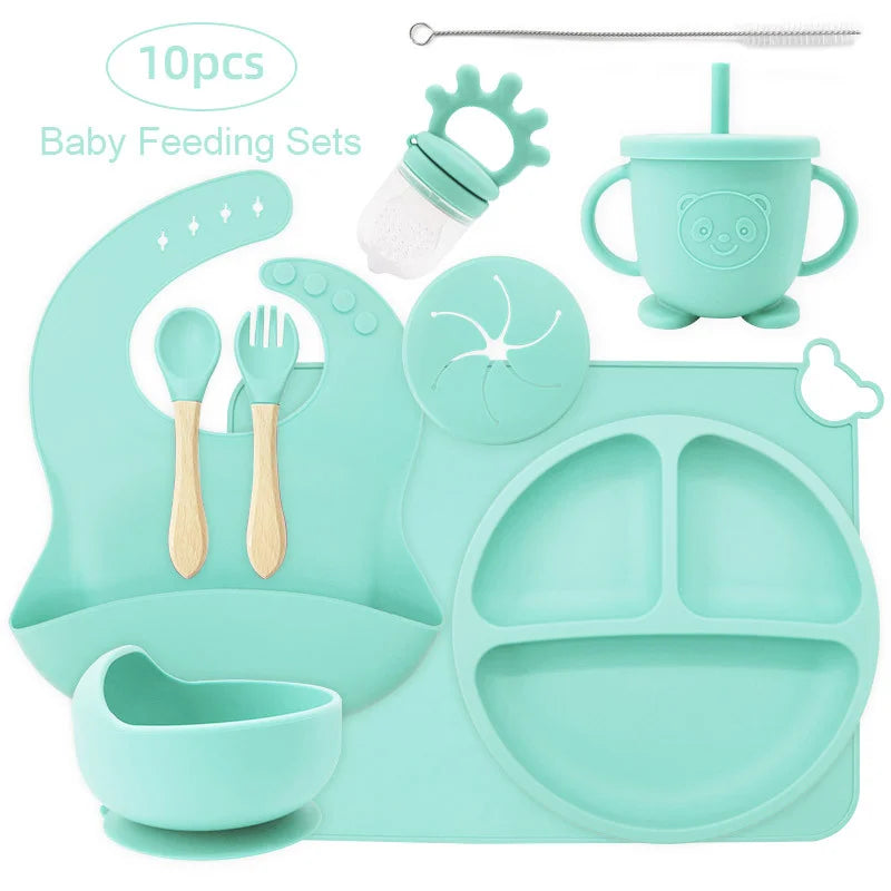 10-piece set with cup cover and fruit pacifier: cyan 10-Piece Silicone Bib and Infant Feeding Set