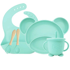 cyan Set with sip cup 5-piece Silicone Bibs and Baby Feeding Set