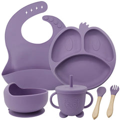 Purple 9-piece silicone bibs and baby feeding set