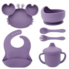 6-Piece Set With Silicone Spoon and Fork Purple Crab Shaped Silicone Bib and Infant Dinner Set