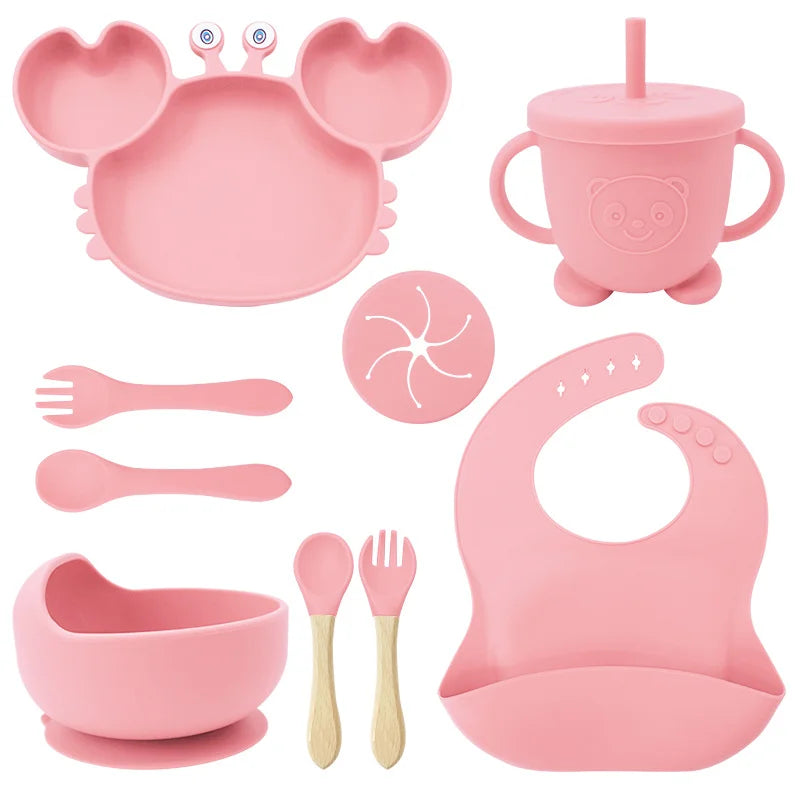 9-Piece Light pink Crab-Shaped silicone bibs and Children's Feeding set