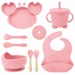 9-Piece Light pink Crab-Shaped silicone bibs and Children's Feeding set