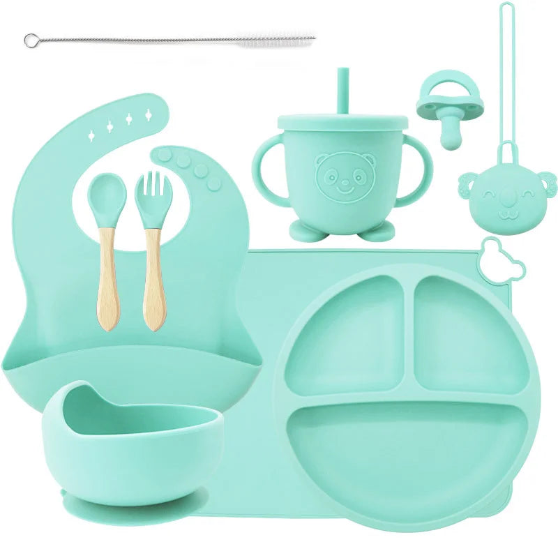 10-piece set with a pacifier and pacifier holder: cyan 10-Piece Silicone Bib and Infant Feeding Set