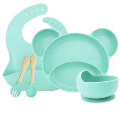 cyan Set with silicone bowl 5-piece Silicone Bibs and Baby Feeding Set