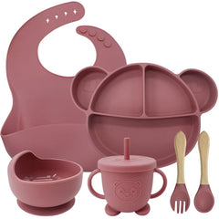 6-Piece Set Dark pink Mickey Mouse Silicone Bibs and Feeding Set