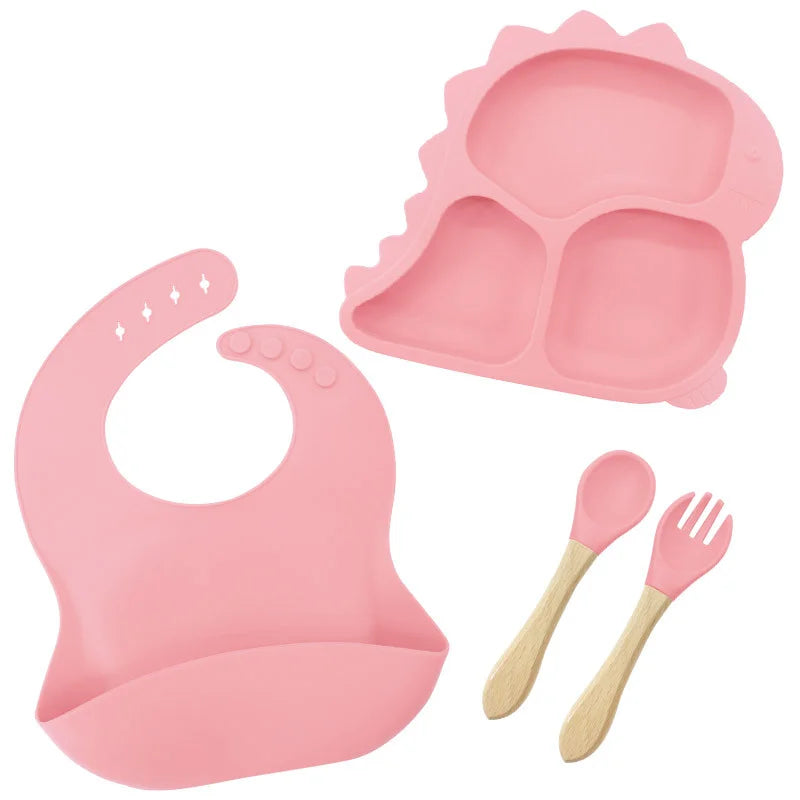 4 piece Pink Dino Silicone Feeding Set