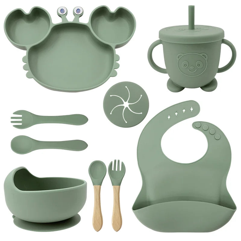 9-Piece Green Crab-Shaped silicone bibs and Children's Feeding set