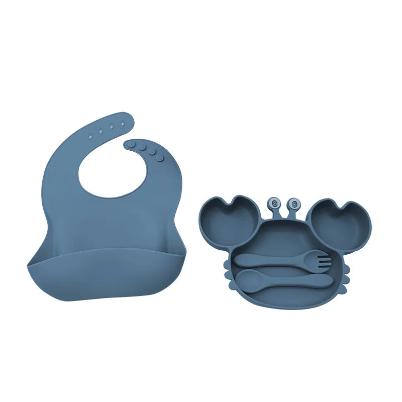 4-Piece Set With Silicone Spoon and Fork Blue Crab Shaped Silicone Bib and Infant Dinner Set