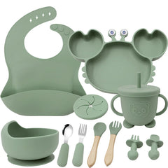 Green 11-Piece Crab Silicone Bibs and Infant Feeding Set