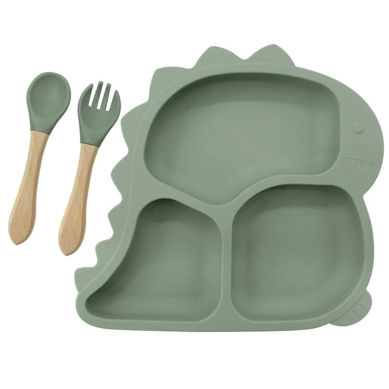 3 piece Green Dino Silicone Feeding Set