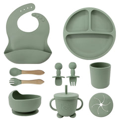 Green 10-piece silicone bibs and feeding set for infants