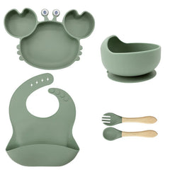 5-Piece Green Crab-Shaped silicone bibs and Children's Feeding set