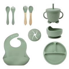 Green 9-Piece Silicone Bibs and Children's Feeding Set