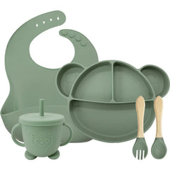 5-Piece Set Green Mickey Mouse Silicone Bibs and Feeding Set