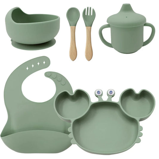 6-Piece Set With Wooden Spoon and Fork Matcha Green Crab Shaped Silicone Bib and Baby Feeding Set