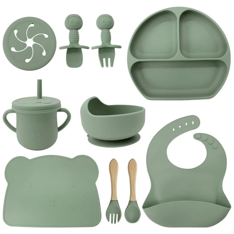 Green 10-Piece Silicone Bibs and Bowl Set