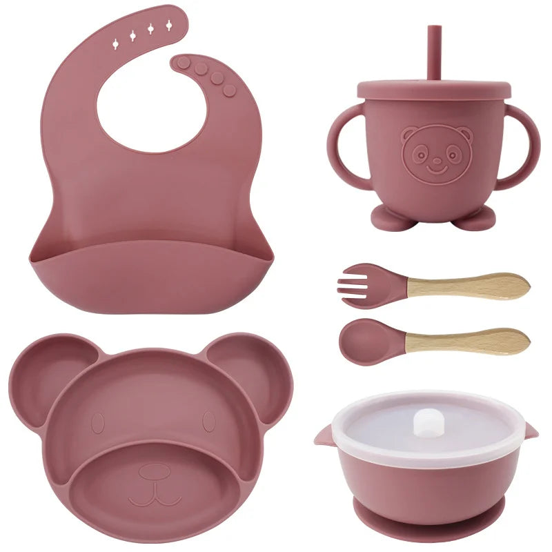 Dark pink 8-piece Mickey silicone bib and feeding set