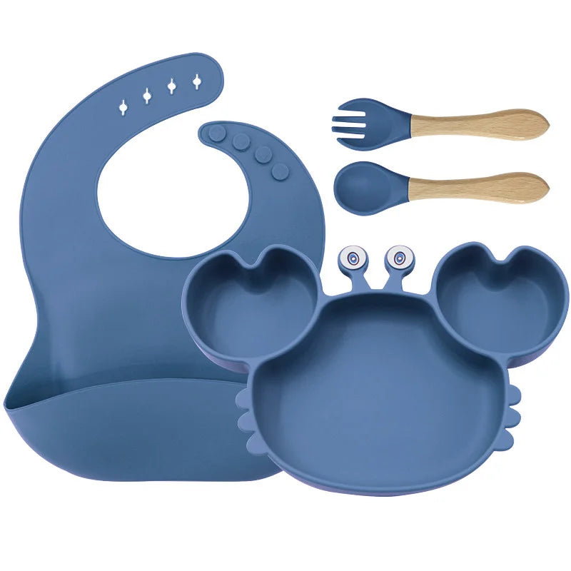 4-Piece Set With Wooden Spoon and Fork Blue Crab Shaped Silicone Bib and Infant Dinner Set