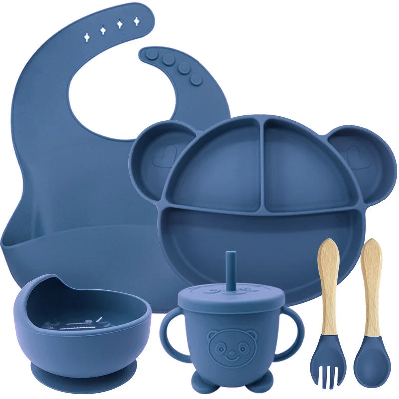 6-Piece Set Blue Mickey Mouse Silicone Bibs and Feeding Set