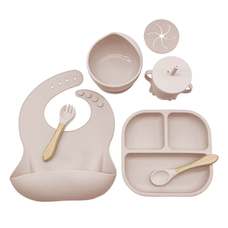 Beige 7-piece silicone bibs and feeding set