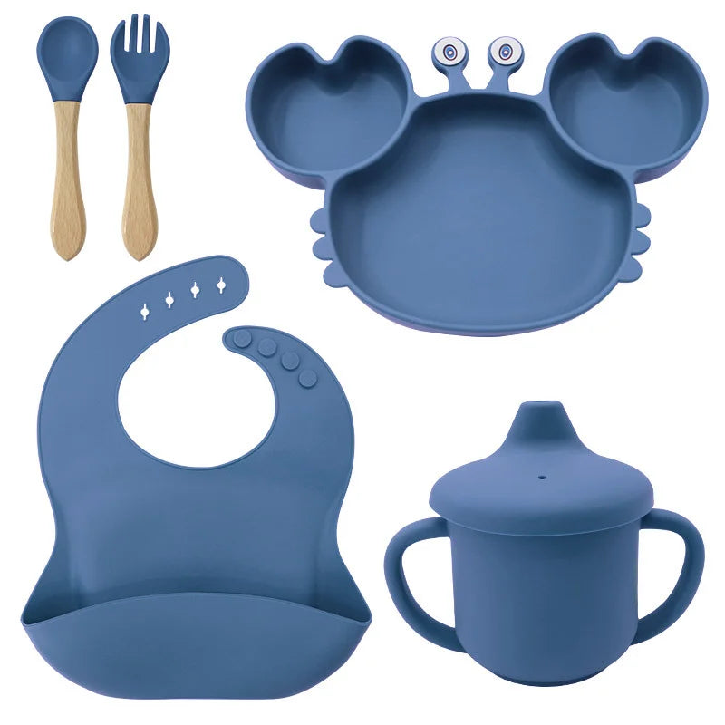 5-Piece Set With Wooden Spoon and Fork Blue Crab Shaped Silicone Bib and Infant Dinner Set