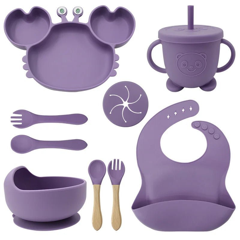 9-Piece Purple Crab-Shaped silicone bibs and Children's Feeding set