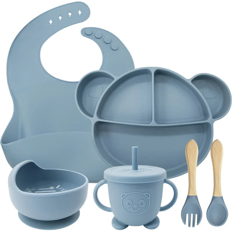 6-Piece Set Light Blue Mickey Mouse Silicone Bibs and Feeding Set