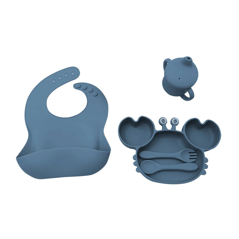 5-Piece Set With Silicone Spoon and Fork Blue Crab Shaped Silicone Bib and Infant Dinner Set