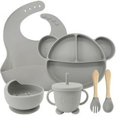 6-Piece Set Silver Mickey Mouse Silicone Bibs and Feeding Set