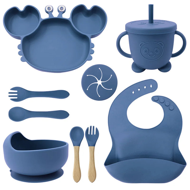 9-Piece Blue Crab-Shaped silicone bibs and Children's Feeding set