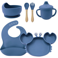 6-Piece Set With Wooden Spoon and Fork Blue Crab Shaped Silicone Bib and Infant Dinner Set