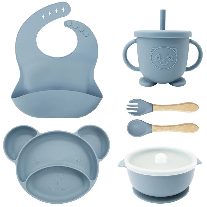 Light Blue 8-piece Mickey silicone bib and feeding set