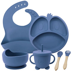 Blue 9-piece silicone bibs and baby feeding set