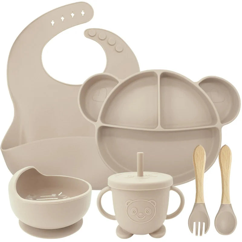 6-Piece Set Beige Mickey Mouse Silicone Bibs and Feeding Set