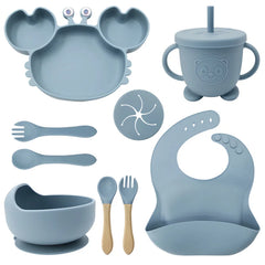 9-Piece Light Blue Crab-Shaped silicone bibs and Children's Feeding set