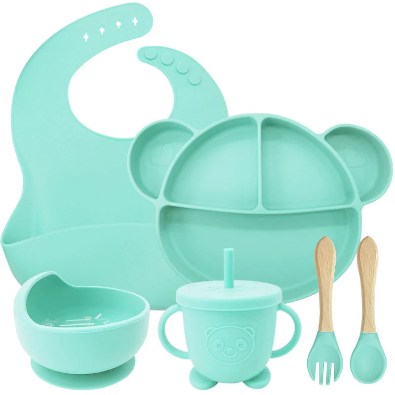 6-Piece Set cyan Mickey Mouse Silicone Bibs and Feeding Set