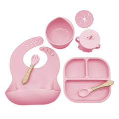 pink 7-piece silicone bibs and feeding set