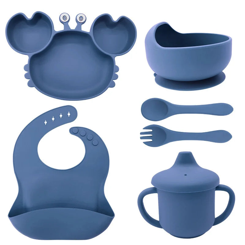 6-Piece Set With Silicone Spoon and Fork Blue Crab Shaped Silicone Bib and Infant Dinner Set