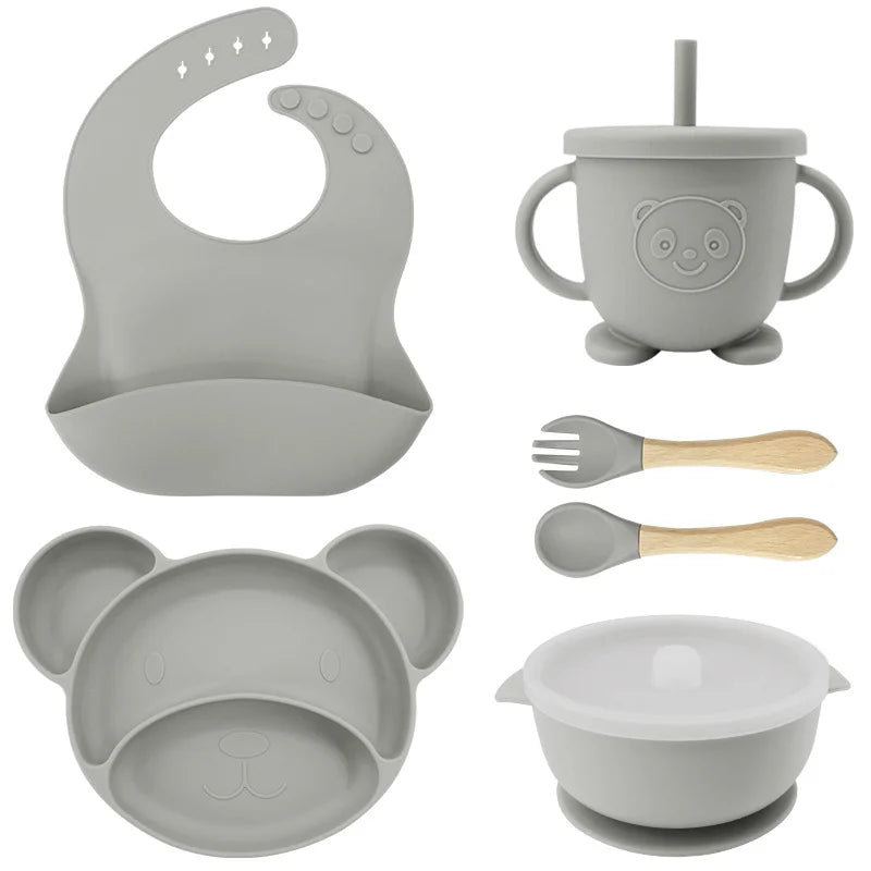 Silver 8-piece Mickey silicone bib and feeding set