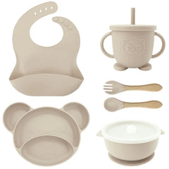 Beige 8-piece Mickey silicone bib and feeding set