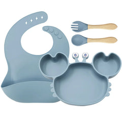 4-Piece Set With Wooden Spoon and Fork Light Blue Crab Shaped Silicone Bib and Infant Dinner Set