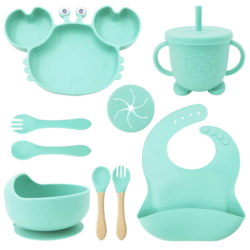 9-Piece cyan Crab-Shaped silicone bibs and Children's Feeding set