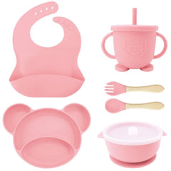 Light pink 8-piece Mickey silicone bib and feeding set