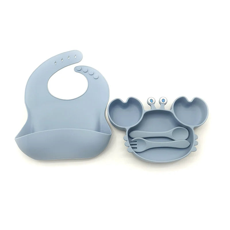 4-Piece Set With Silicone Spoon and Fork Light Blue Crab Shaped Silicone Bib and Infant Dinner Set