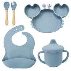 5-Piece Set With Wooden Spoon and Fork Light Blue Crab Shaped Silicone Bib and Infant Dinner Set