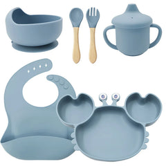 6-Piece Set With Wooden Spoon and Fork Light Blue Crab Shaped Silicone Bib and Infant Dinner Set